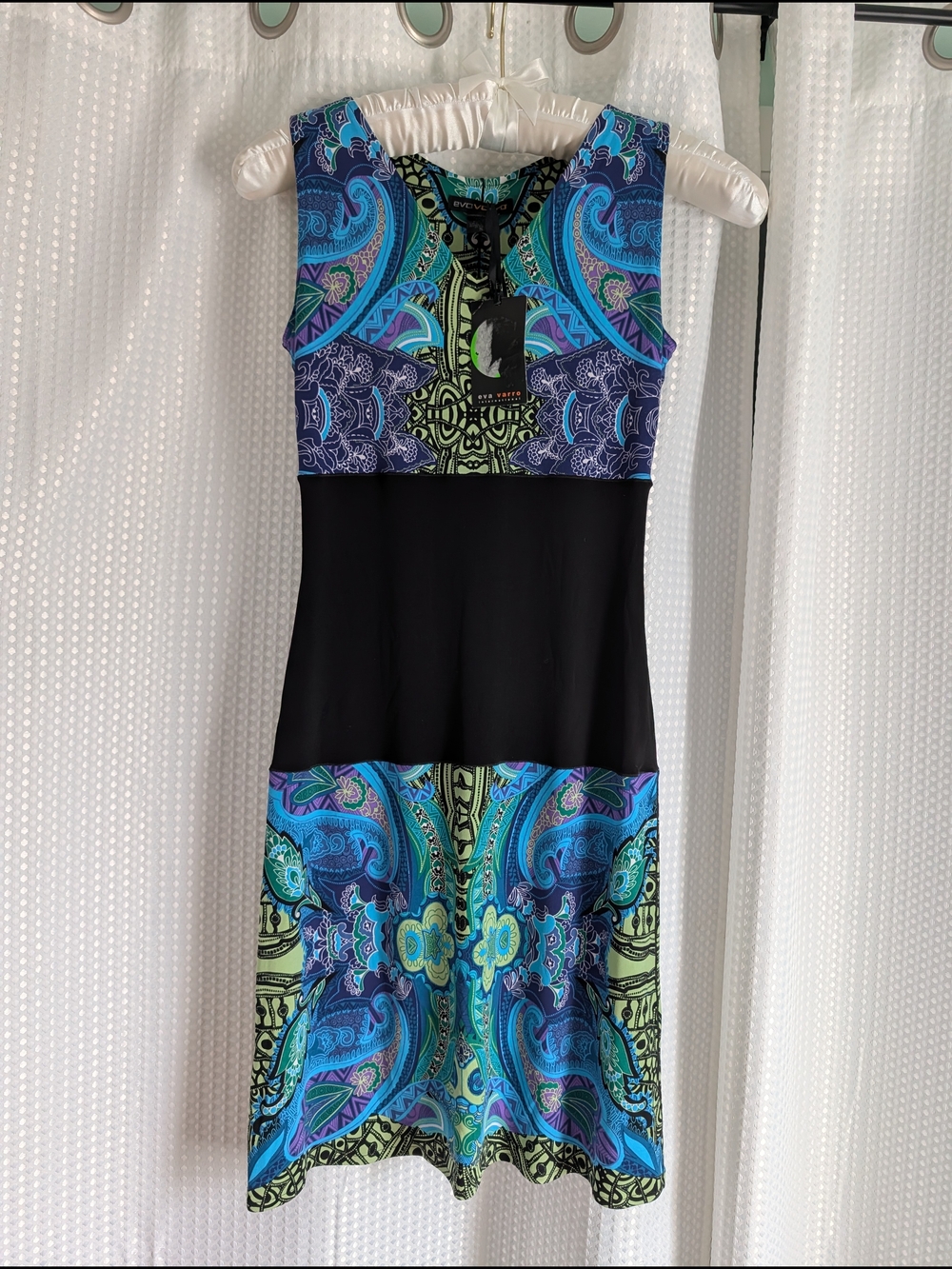 eva varro Black Panel Blue & Teal Paisley Midi Dress  NWT's  Sz Small
